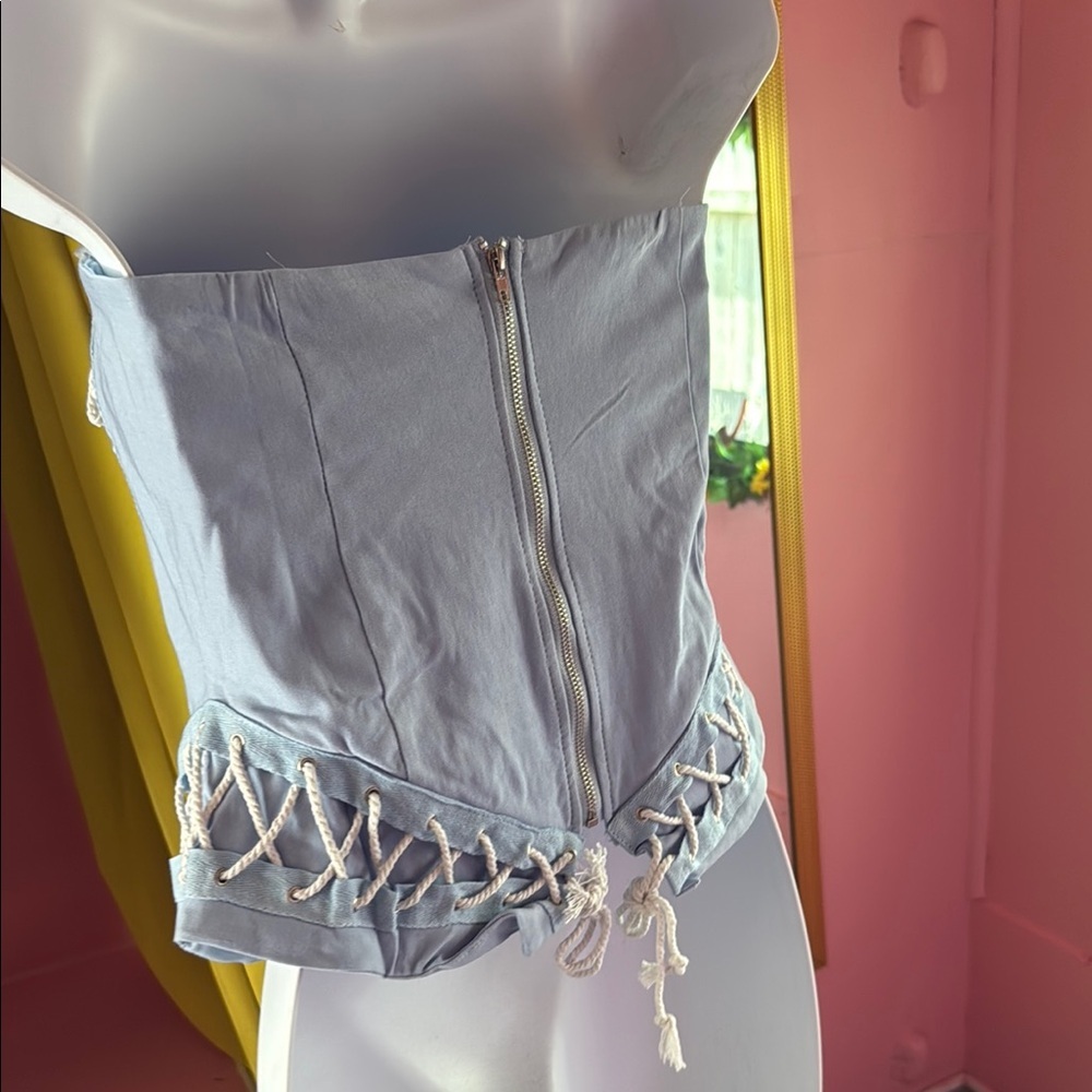 Light Blue Lace-Up Corset Top - Picture 6 of 9